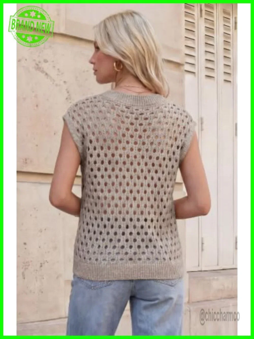 Women's Wool Blend Sleeveless Crochet Sweater Vest - Hollow Out V-Neck Pullover